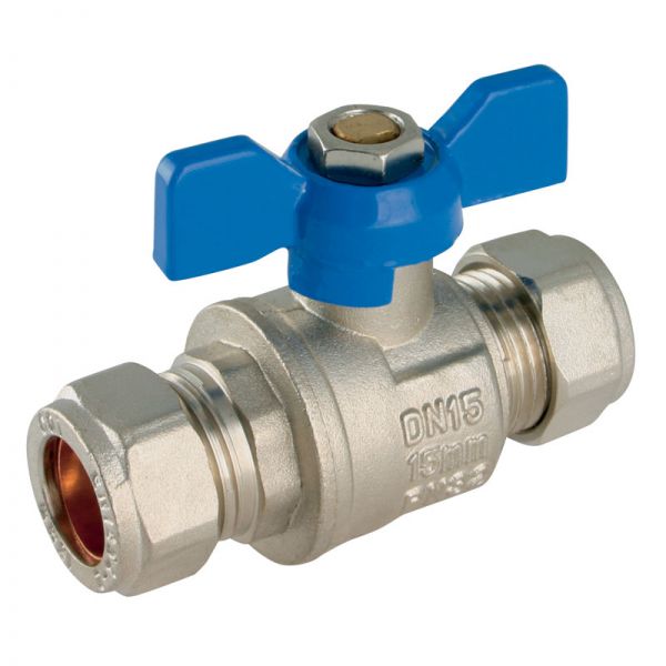 BUTTERFLY LEVER HANDLE BALL VALVE 22MM BLUE HANDLE COMPRESSION FULL BORE 